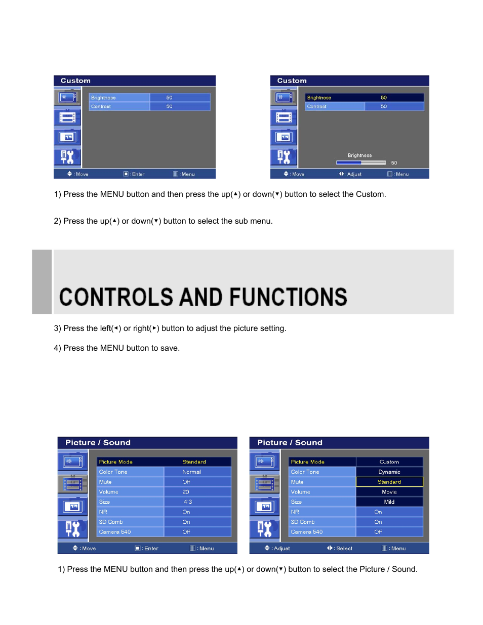 B. picture / sound menu (for av1, av2 & s-video) | EverFocus TFT-LCD MONITOR EN-75084C User Manual | Page 12 / 40