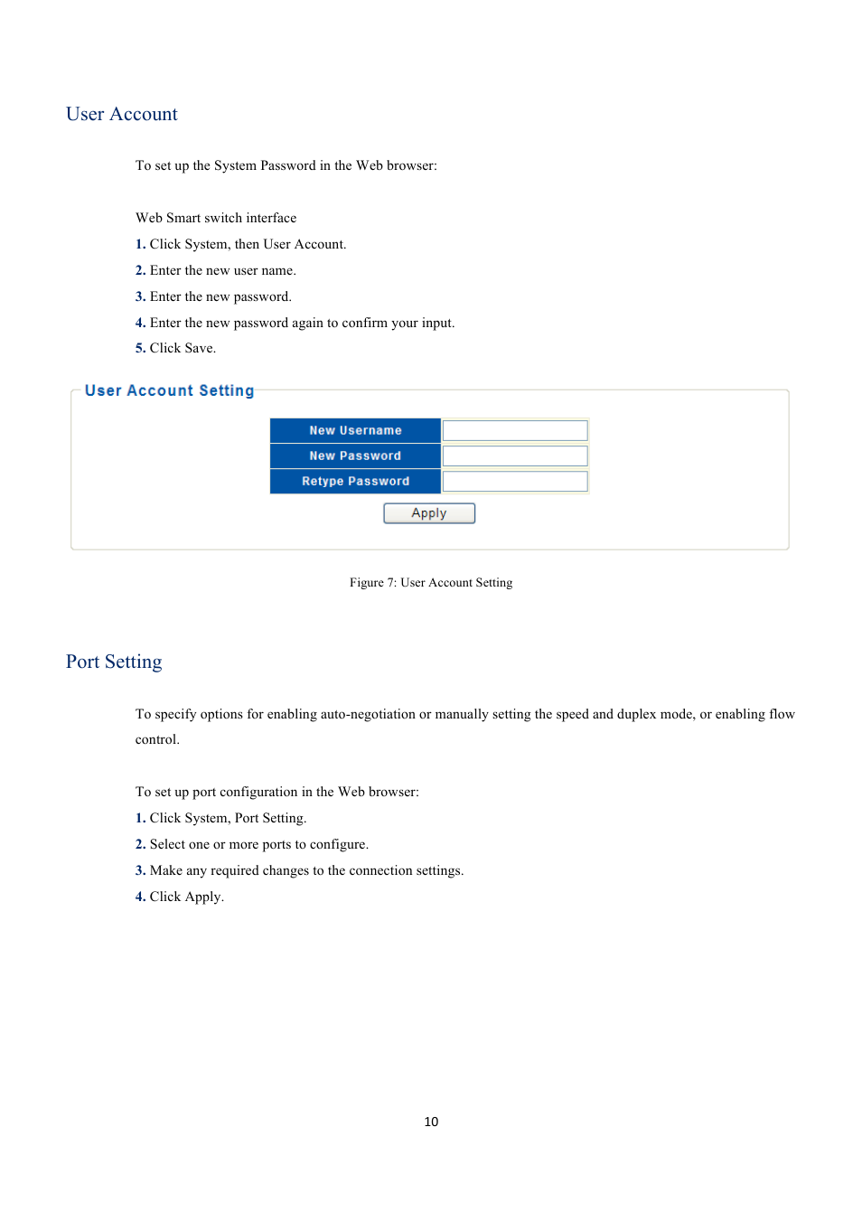 User account, Port setting | EverFocus GIGABIT MANAGED ETHERNET SWITCH ESM316T002R User Manual | Page 10 / 60