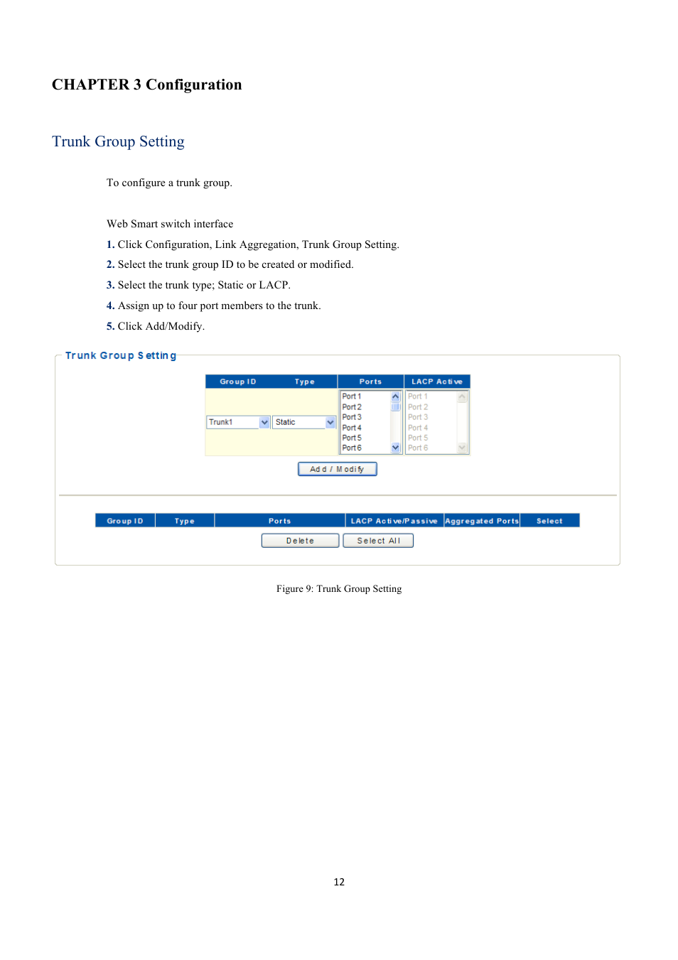 Chapter 3 configuration trunk group setting | EverFocus GIGABIT MANAGED ETHERNET SWITCH ESM316T002R User Manual | Page 12 / 60