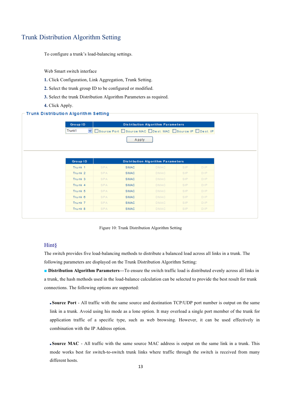 Trunk distribution algorithm setting, Hint | EverFocus GIGABIT MANAGED ETHERNET SWITCH ESM316T002R User Manual | Page 13 / 60