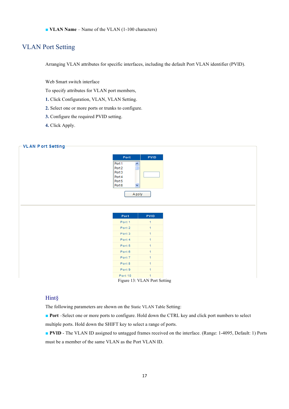 Vlan port setting, Hint | EverFocus GIGABIT MANAGED ETHERNET SWITCH ESM316T002R User Manual | Page 17 / 60