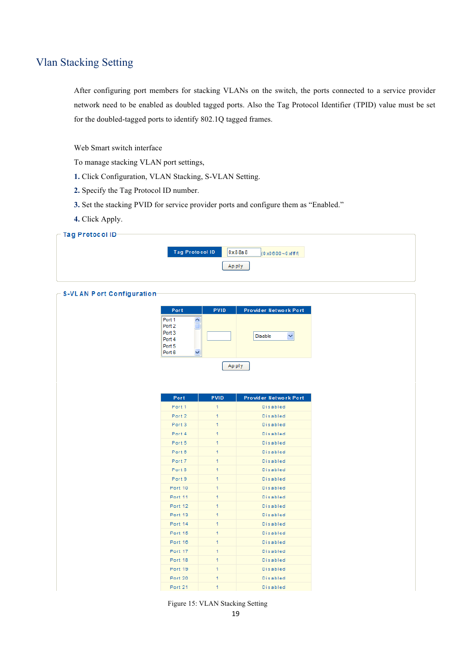 Vlan stacking setting | EverFocus GIGABIT MANAGED ETHERNET SWITCH ESM316T002R User Manual | Page 19 / 60