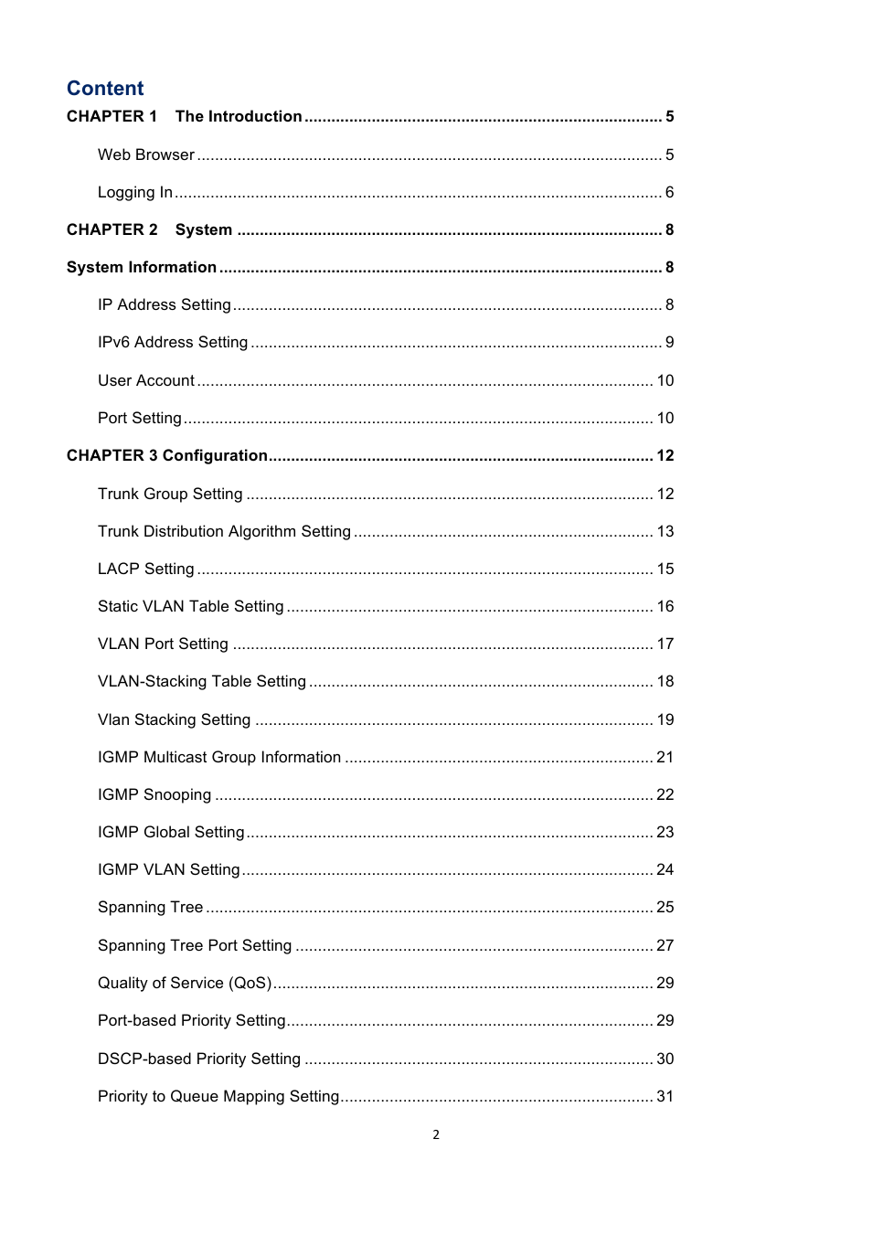 Everfocus user manual_02.pdf, Content | EverFocus GIGABIT MANAGED ETHERNET SWITCH ESM316T002R User Manual | Page 2 / 60