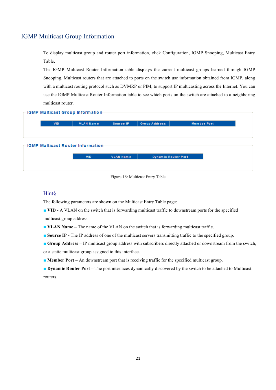 Igmp multicast group information, Hint | EverFocus GIGABIT MANAGED ETHERNET SWITCH ESM316T002R User Manual | Page 21 / 60