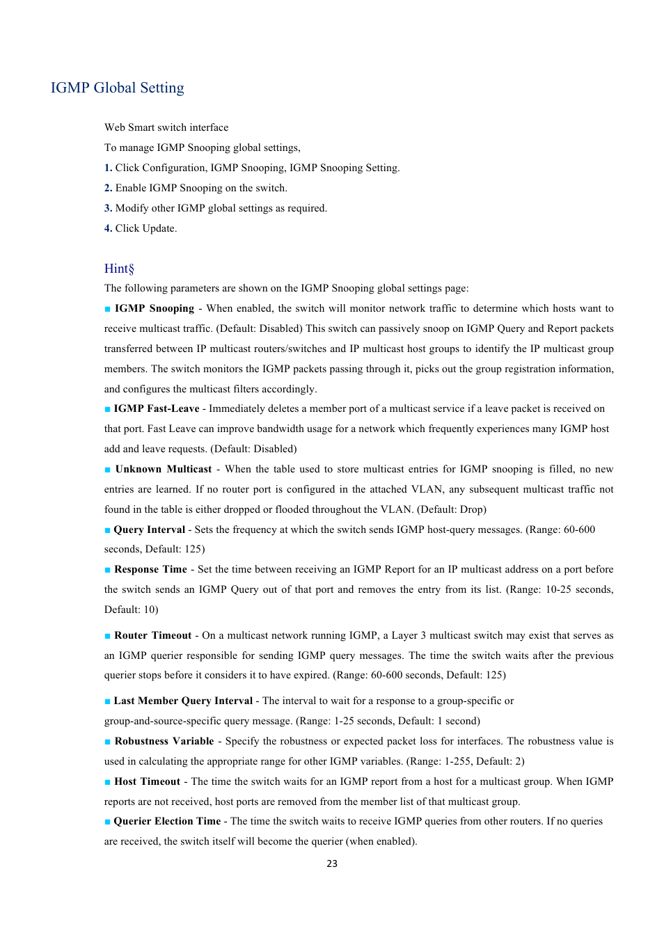 Igmp global setting, Hint | EverFocus GIGABIT MANAGED ETHERNET SWITCH ESM316T002R User Manual | Page 23 / 60