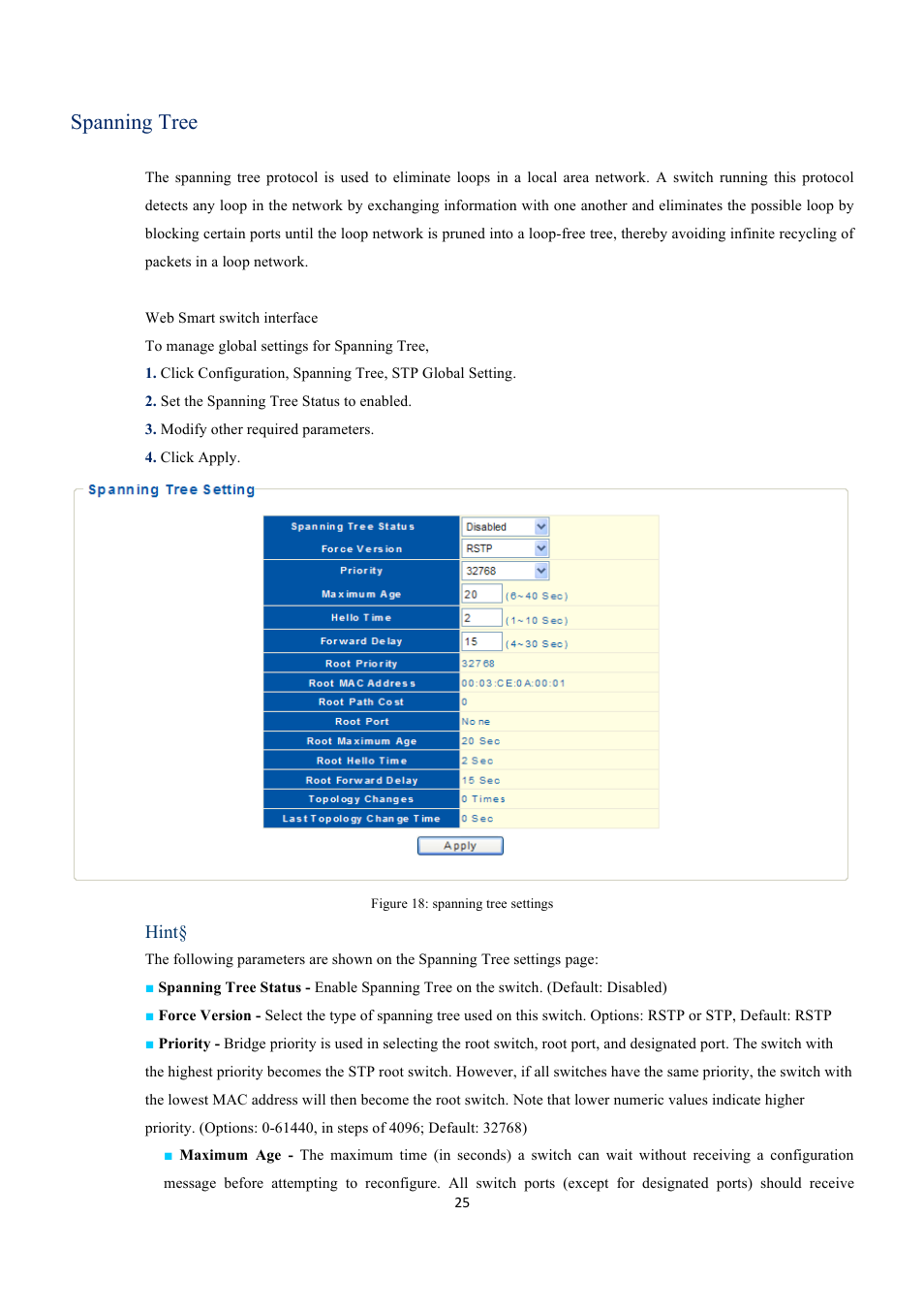 Spanning tree, Hint | EverFocus GIGABIT MANAGED ETHERNET SWITCH ESM316T002R User Manual | Page 25 / 60