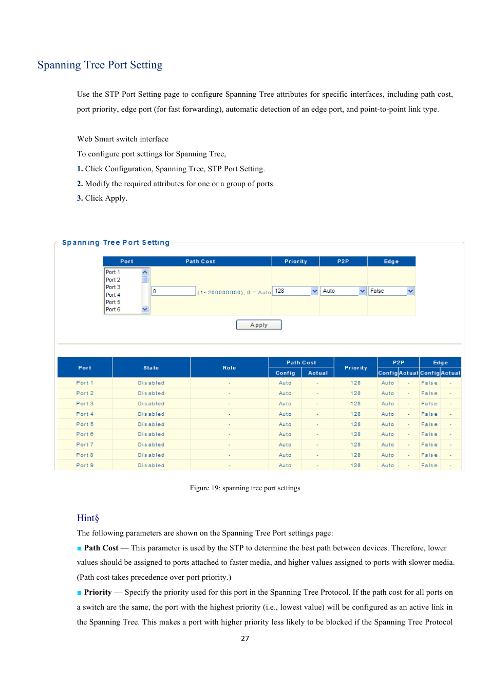 Spanning tree port setting | EverFocus GIGABIT MANAGED ETHERNET SWITCH ESM316T002R User Manual | Page 27 / 60