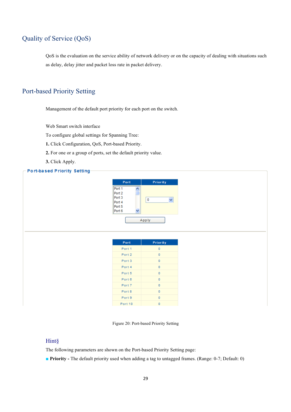 Quality of service (qos), Port-based priority setting | EverFocus GIGABIT MANAGED ETHERNET SWITCH ESM316T002R User Manual | Page 29 / 60