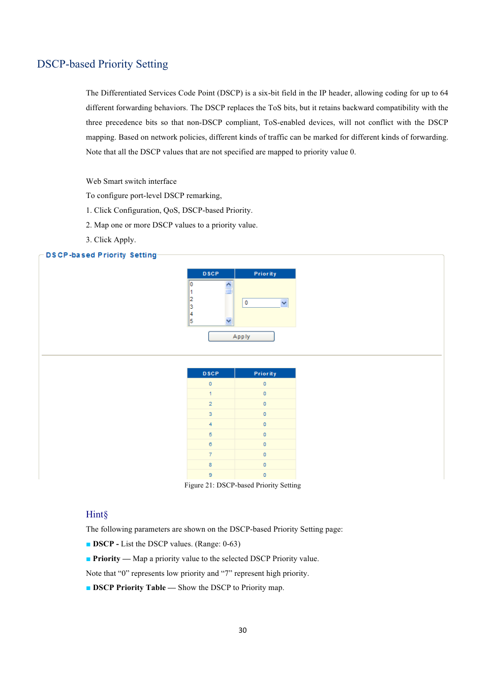 Dscp-based priority setting, Hint | EverFocus GIGABIT MANAGED ETHERNET SWITCH ESM316T002R User Manual | Page 30 / 60