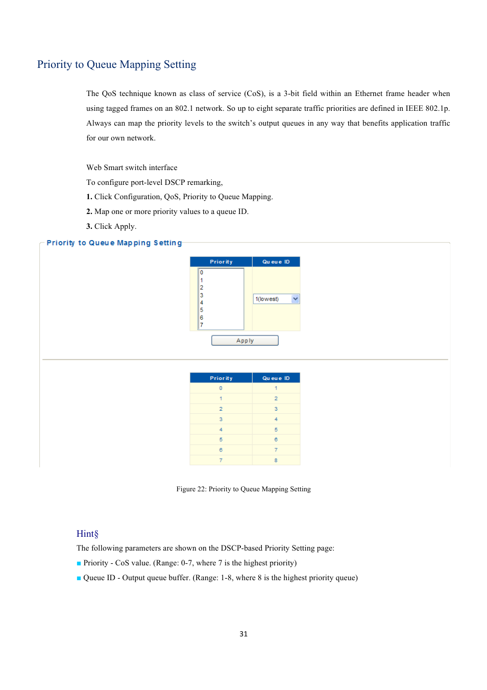 Priority to queue mapping setting | EverFocus GIGABIT MANAGED ETHERNET SWITCH ESM316T002R User Manual | Page 31 / 60