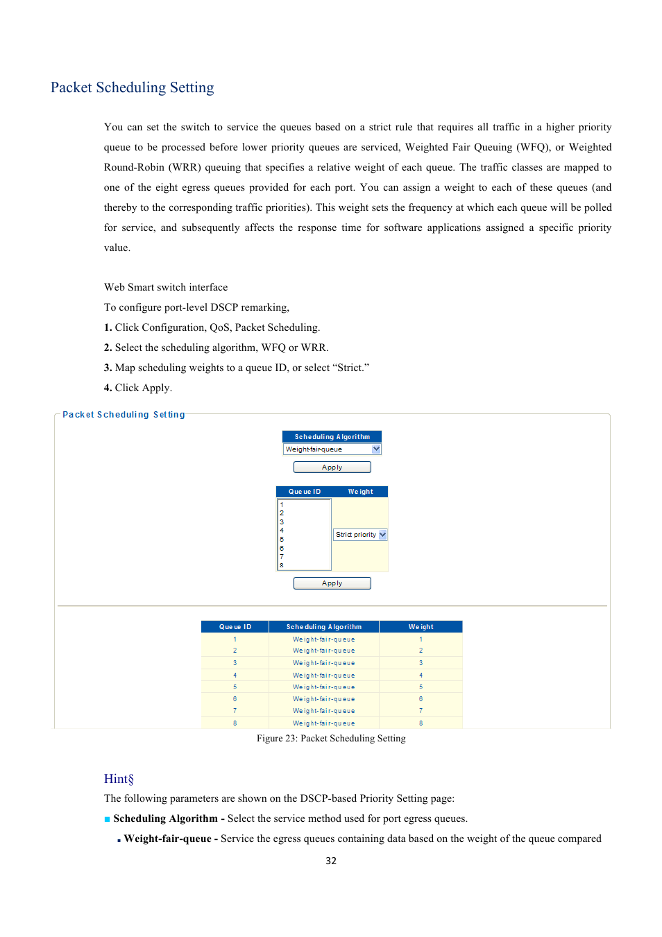 Packet scheduling setting, Hint | EverFocus GIGABIT MANAGED ETHERNET SWITCH ESM316T002R User Manual | Page 32 / 60