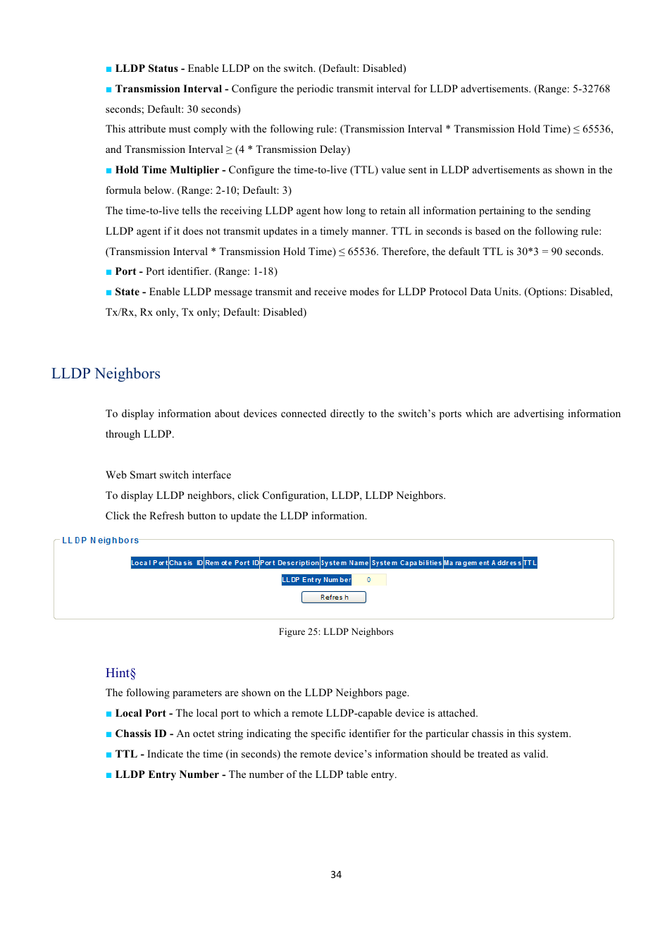 Lldp neighbors, Hint | EverFocus GIGABIT MANAGED ETHERNET SWITCH ESM316T002R User Manual | Page 34 / 60