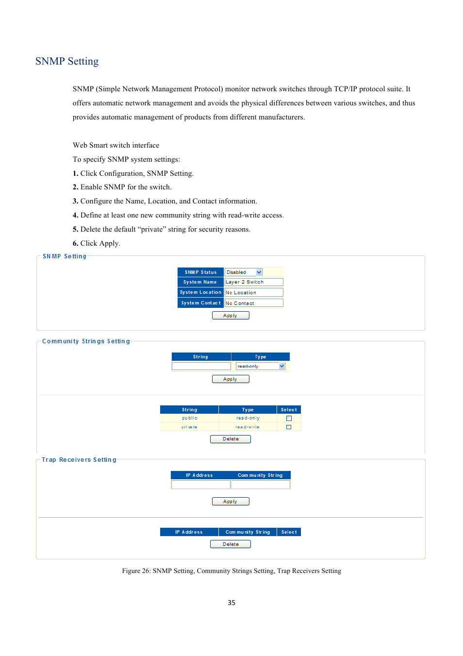 Snmp setting | EverFocus GIGABIT MANAGED ETHERNET SWITCH ESM316T002R User Manual | Page 35 / 60