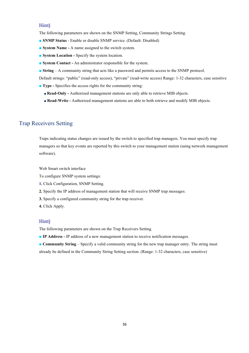 Trap receivers setting, Hint | EverFocus GIGABIT MANAGED ETHERNET SWITCH ESM316T002R User Manual | Page 36 / 60
