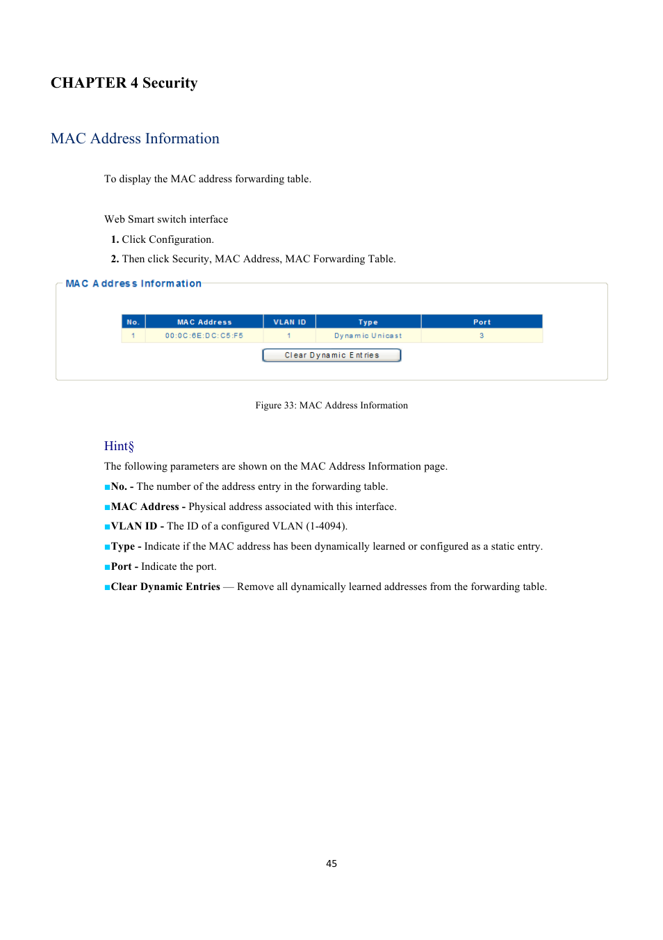 Chapter 4 security, Mac address information | EverFocus GIGABIT MANAGED ETHERNET SWITCH ESM316T002R User Manual | Page 45 / 60