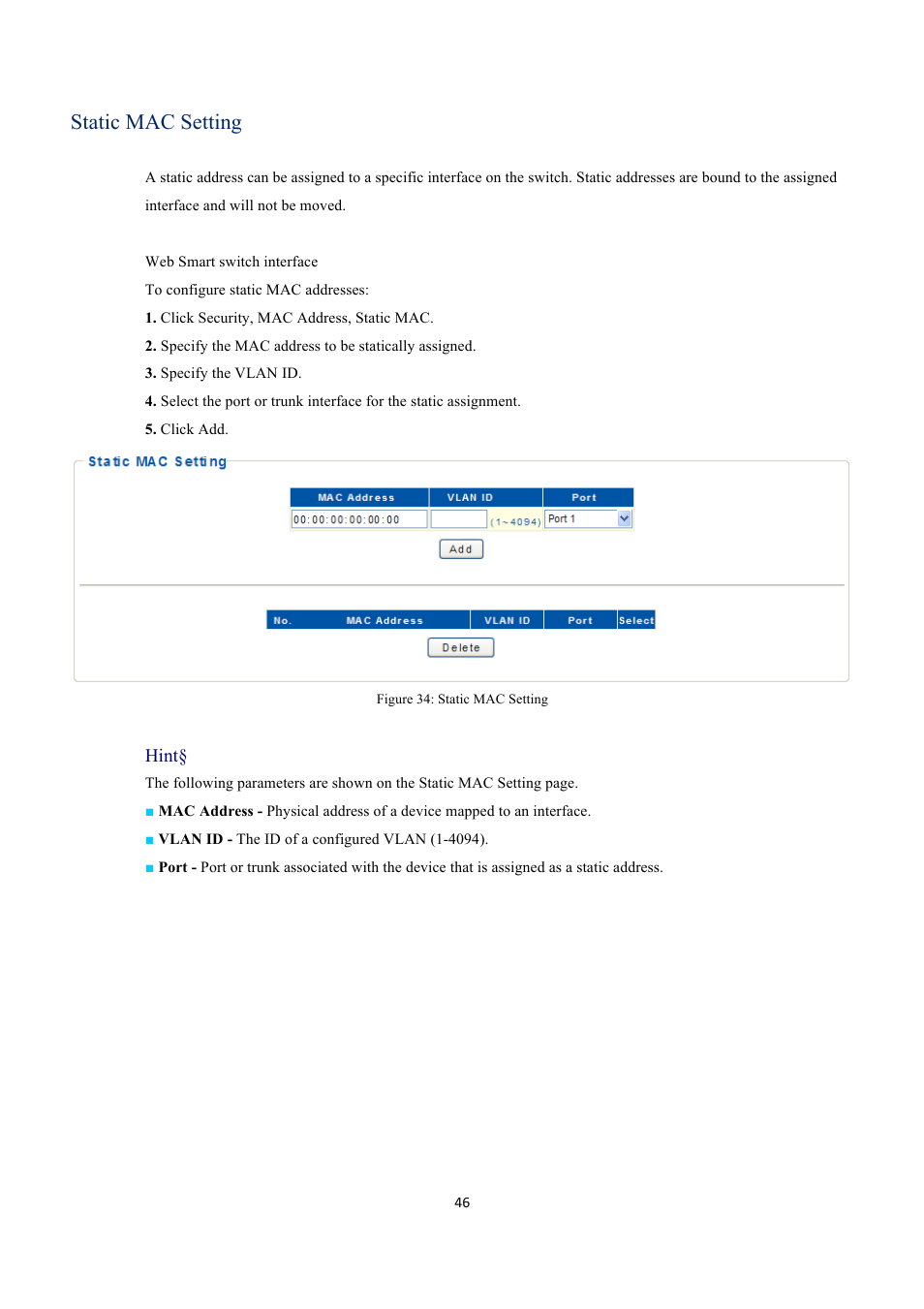Static mac setting, Hint | EverFocus GIGABIT MANAGED ETHERNET SWITCH ESM316T002R User Manual | Page 46 / 60
