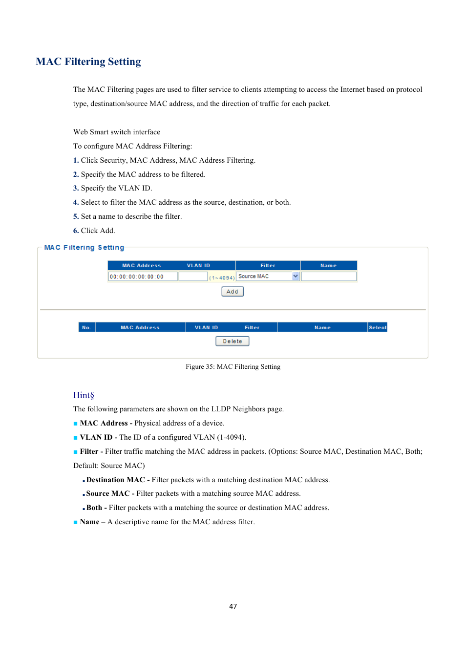 Mac filtering setting, Hint | EverFocus GIGABIT MANAGED ETHERNET SWITCH ESM316T002R User Manual | Page 47 / 60