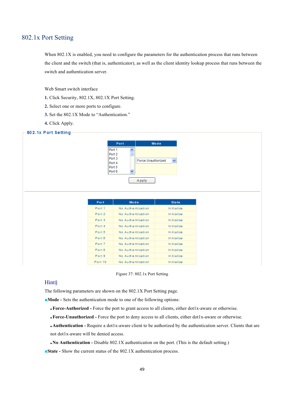 1x port setting, Hint | EverFocus GIGABIT MANAGED ETHERNET SWITCH ESM316T002R User Manual | Page 49 / 60