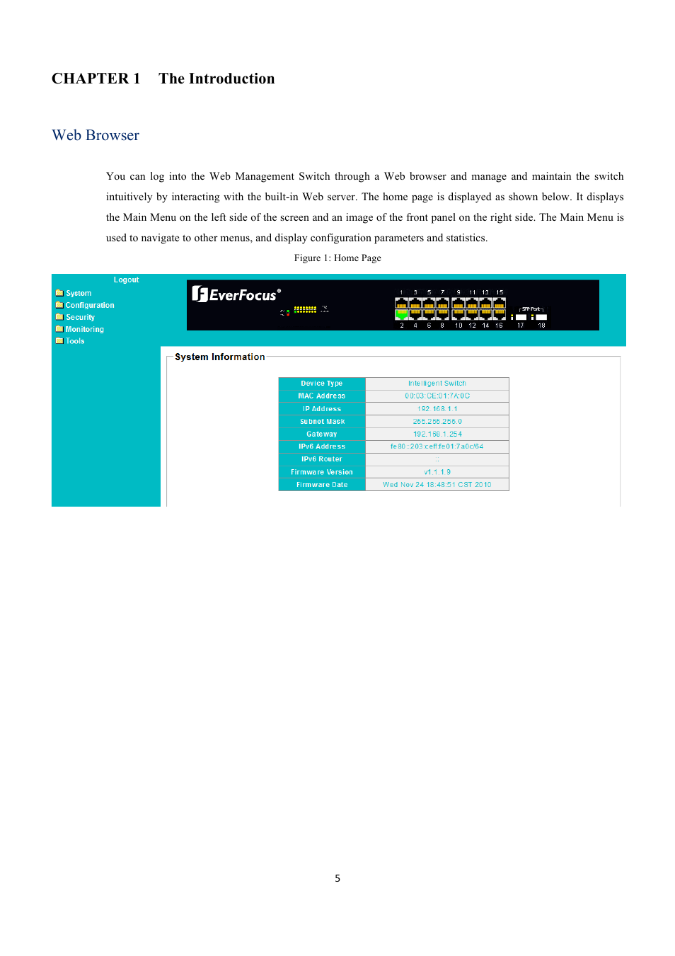 Chapter 1 the introduction web browser | EverFocus GIGABIT MANAGED ETHERNET SWITCH ESM316T002R User Manual | Page 5 / 60