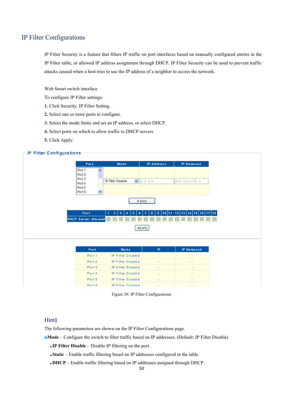 Ip filter configurations, Hint | EverFocus GIGABIT MANAGED ETHERNET SWITCH ESM316T002R User Manual | Page 50 / 60