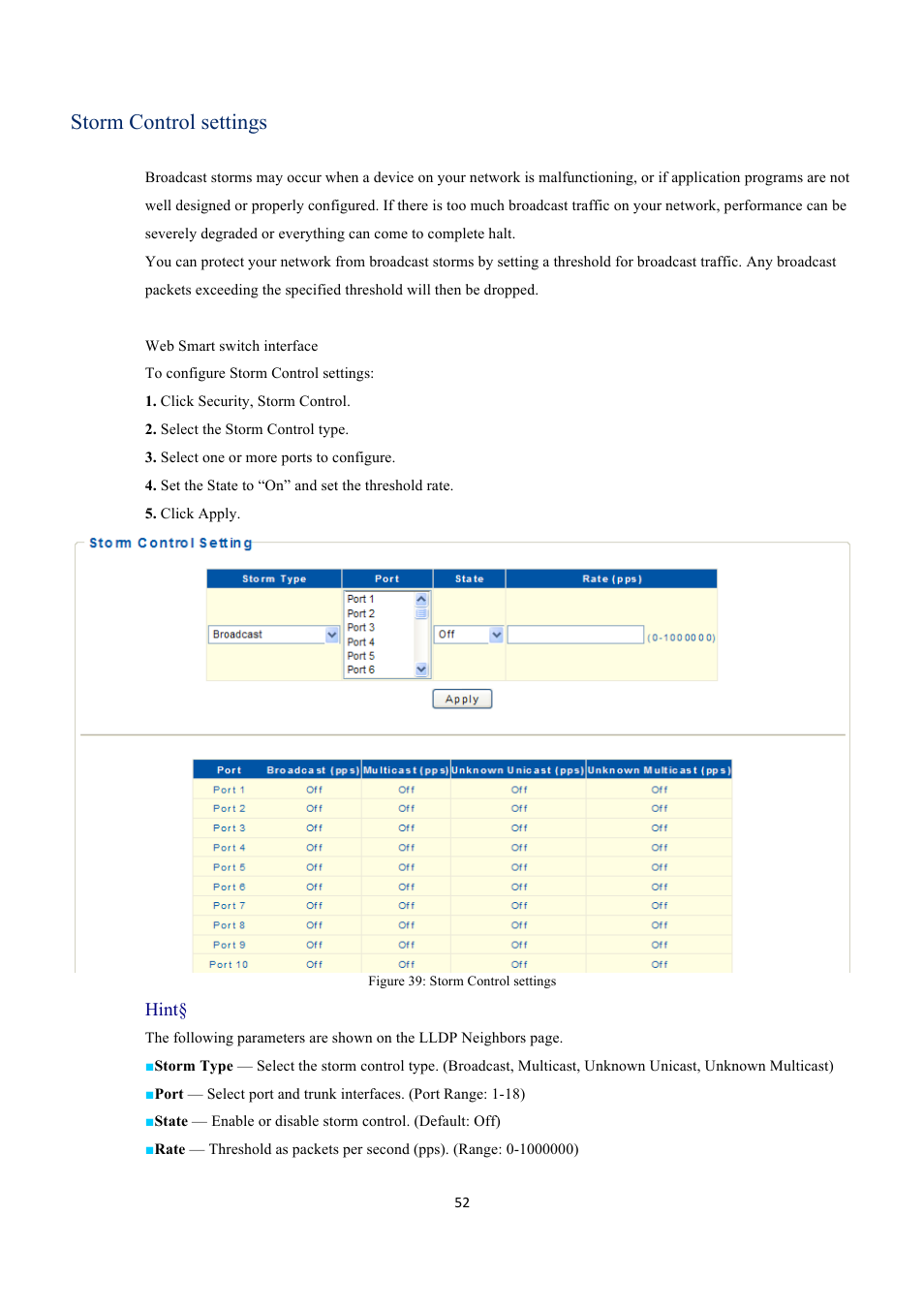 Storm control settings, Hint | EverFocus GIGABIT MANAGED ETHERNET SWITCH ESM316T002R User Manual | Page 52 / 60