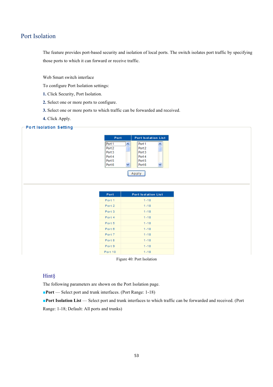 Port isolation | EverFocus GIGABIT MANAGED ETHERNET SWITCH ESM316T002R User Manual | Page 53 / 60