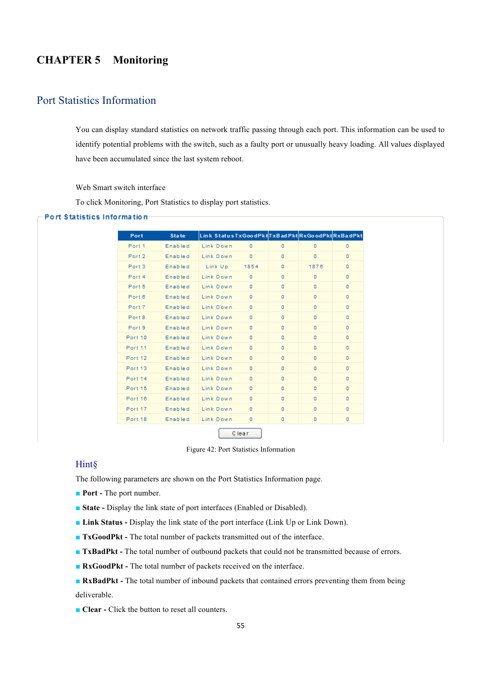 Chapter 5 monitoring port statistics information, Hint | EverFocus GIGABIT MANAGED ETHERNET SWITCH ESM316T002R User Manual | Page 55 / 60