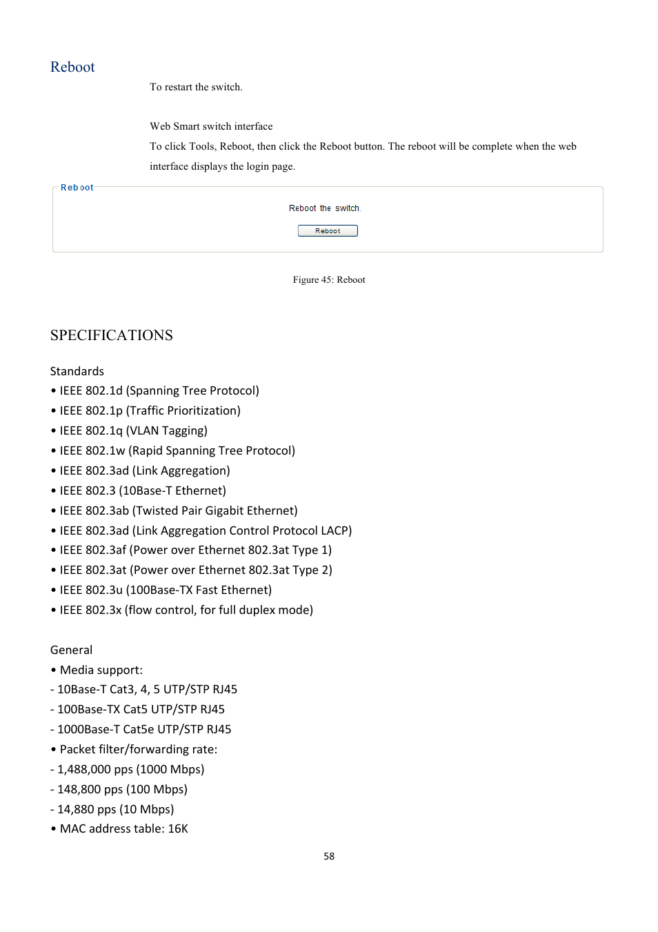 Reboot, Specifications | EverFocus GIGABIT MANAGED ETHERNET SWITCH ESM316T002R User Manual | Page 58 / 60