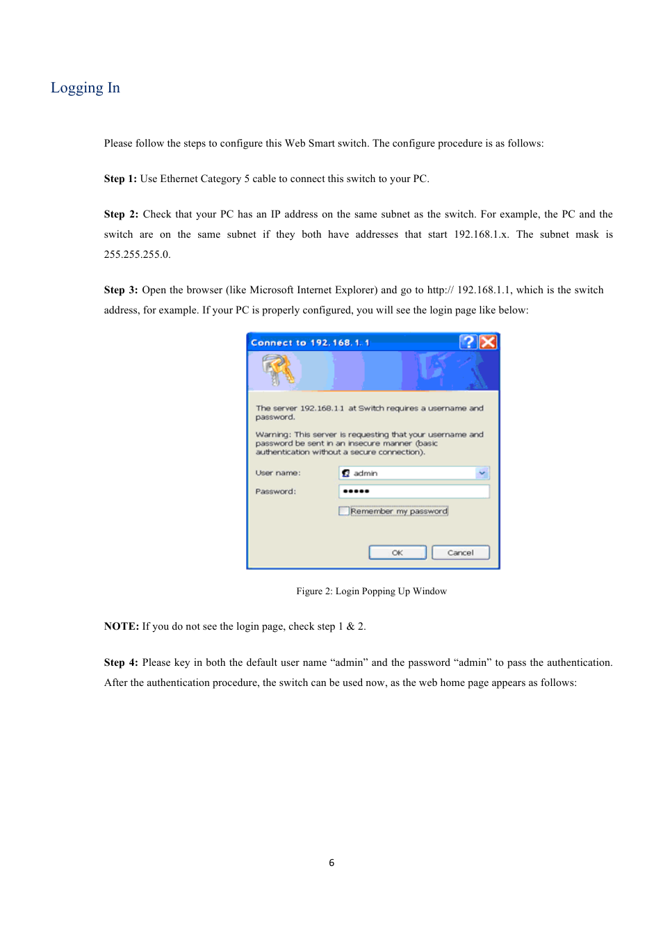 Logging in | EverFocus GIGABIT MANAGED ETHERNET SWITCH ESM316T002R User Manual | Page 6 / 60