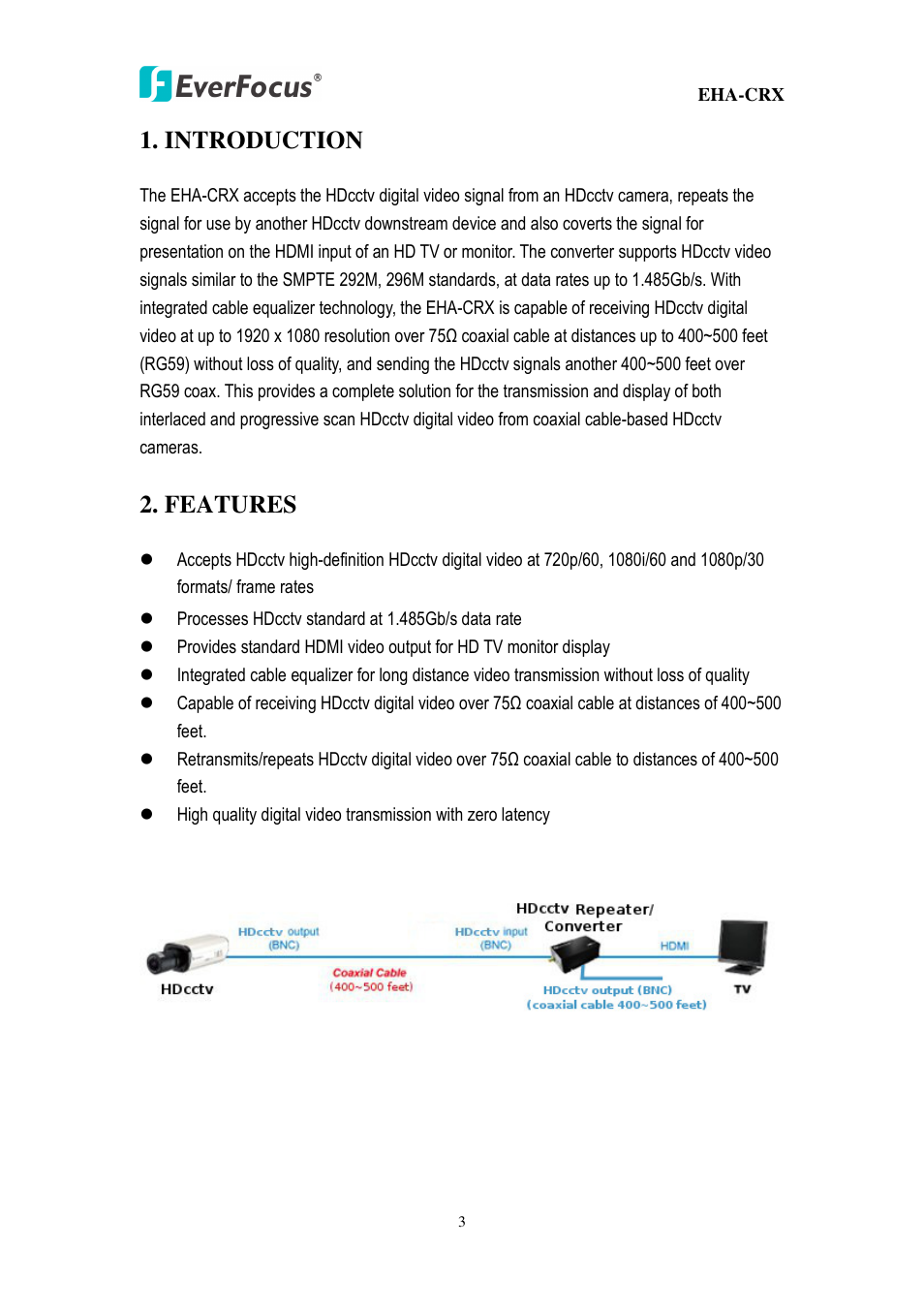 Introduction, Features | EverFocus HDcctv Repeater + HDMI Converter EHA-CRX User Manual | Page 3 / 6