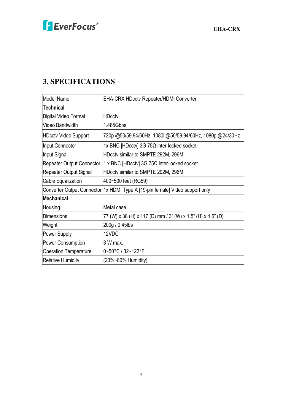 Specifications | EverFocus HDcctv Repeater + HDMI Converter EHA-CRX User Manual | Page 4 / 6