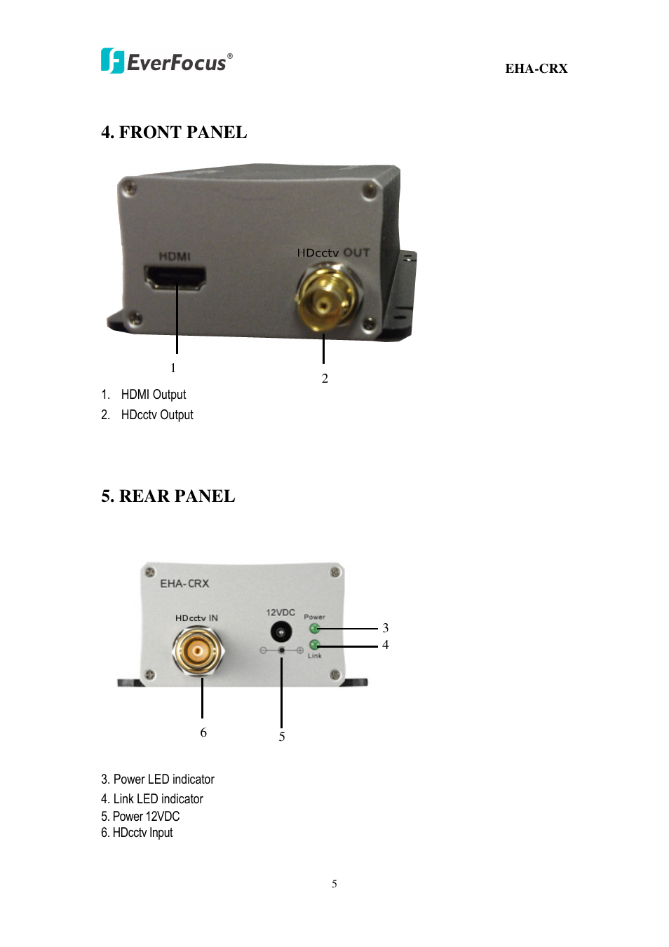 Front panel, Rear panel | EverFocus HDcctv Repeater + HDMI Converter EHA-CRX User Manual | Page 5 / 6