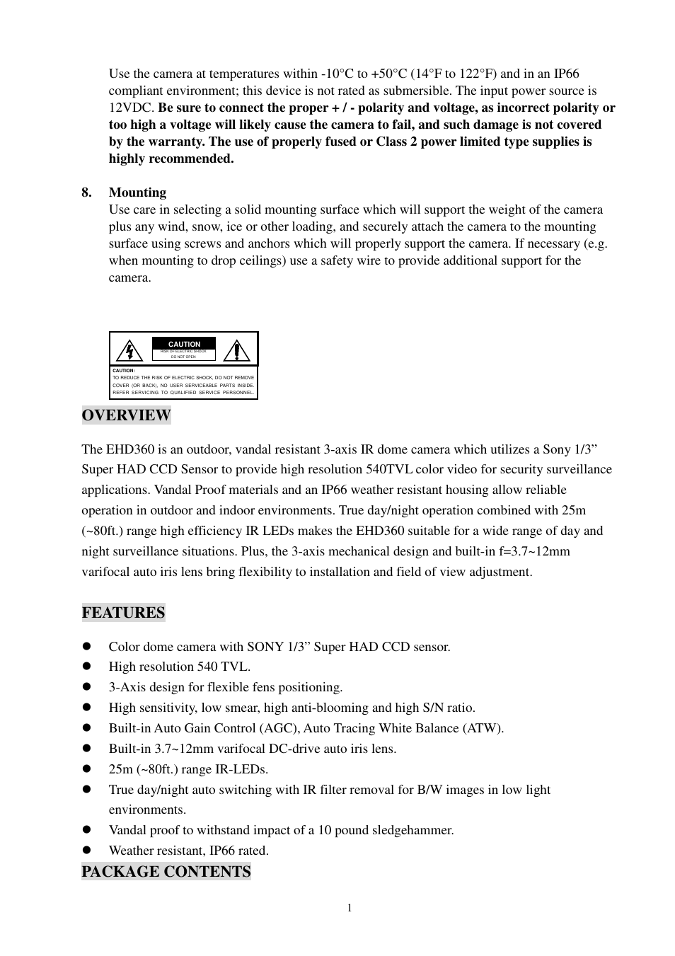 Overview, Features, Package contents | EverFocus EHD360 User Manual | Page 2 / 7