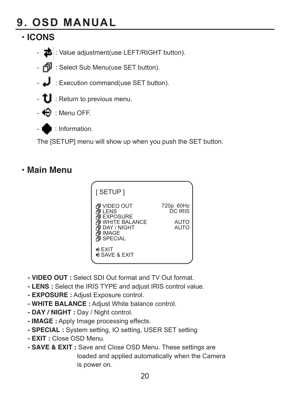 Osd manual, Icons, Main menu | EverFocus HD CCTV EQH5000 User Manual | Page 19 / 27