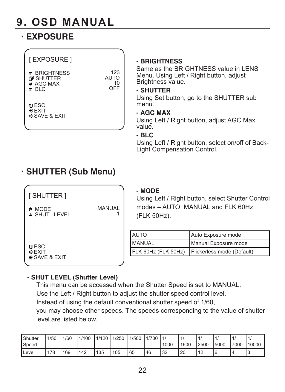 Osd manual, Exposure, Shutter (sub menu) | EverFocus HD CCTV EQH5000 User Manual | Page 21 / 27