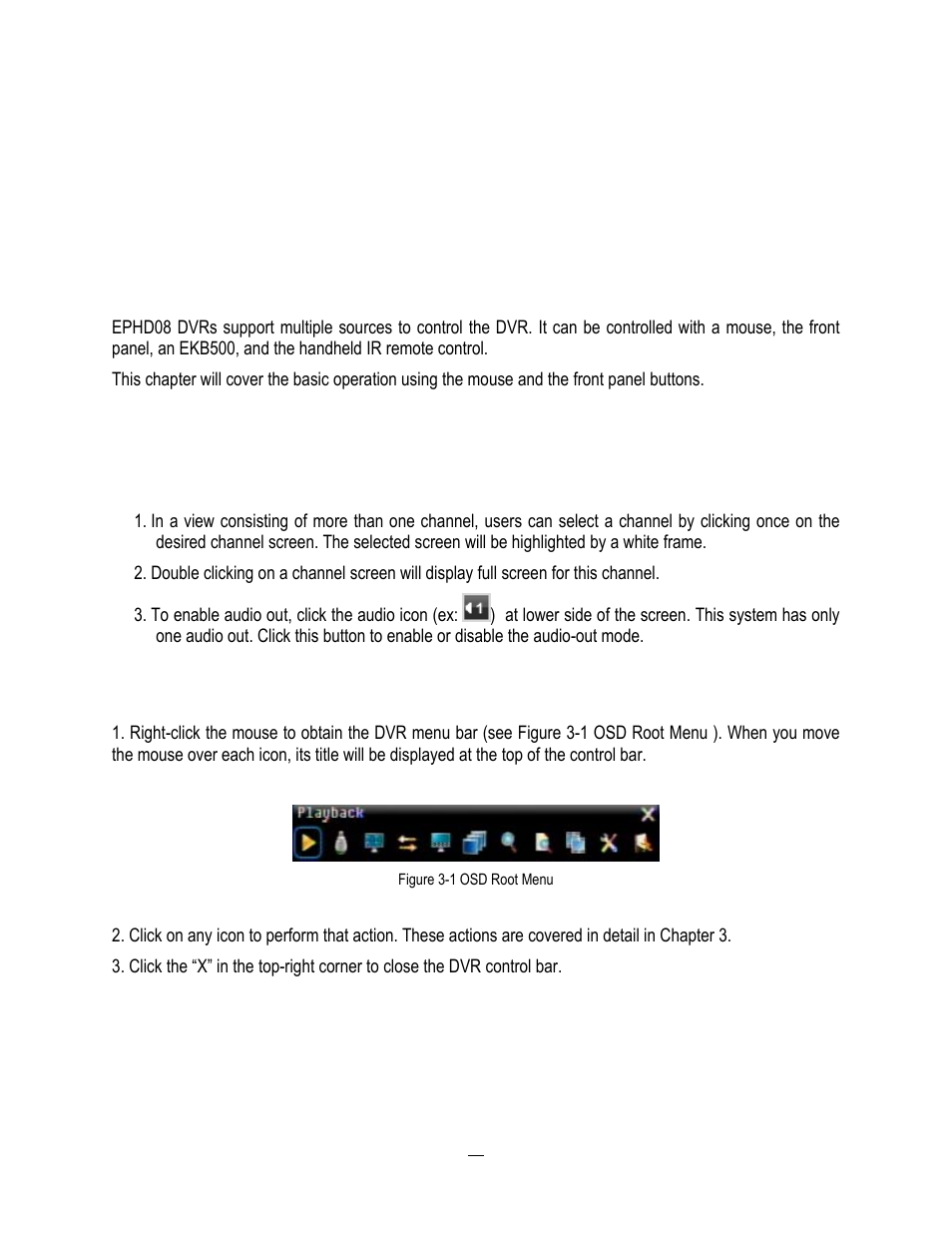 3 mouse and front panel operation, 1 general usb mouse operation, 1 how to select a channel / enable audio | 2 osd root menu, Mouse and front panel operation, General usb mouse operation, How to select a channel / enable audio, Osd root menu, Chapter | EverFocus HD-CCTV EPHD08 User Manual | Page 27 / 142