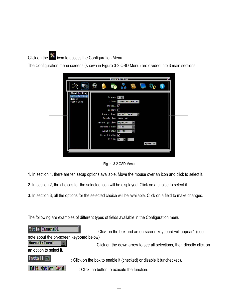 3 operation in the configuration menus, 4 field input options, Operation in the configuration menus | Field input options | EverFocus HD-CCTV EPHD08 User Manual | Page 28 / 142