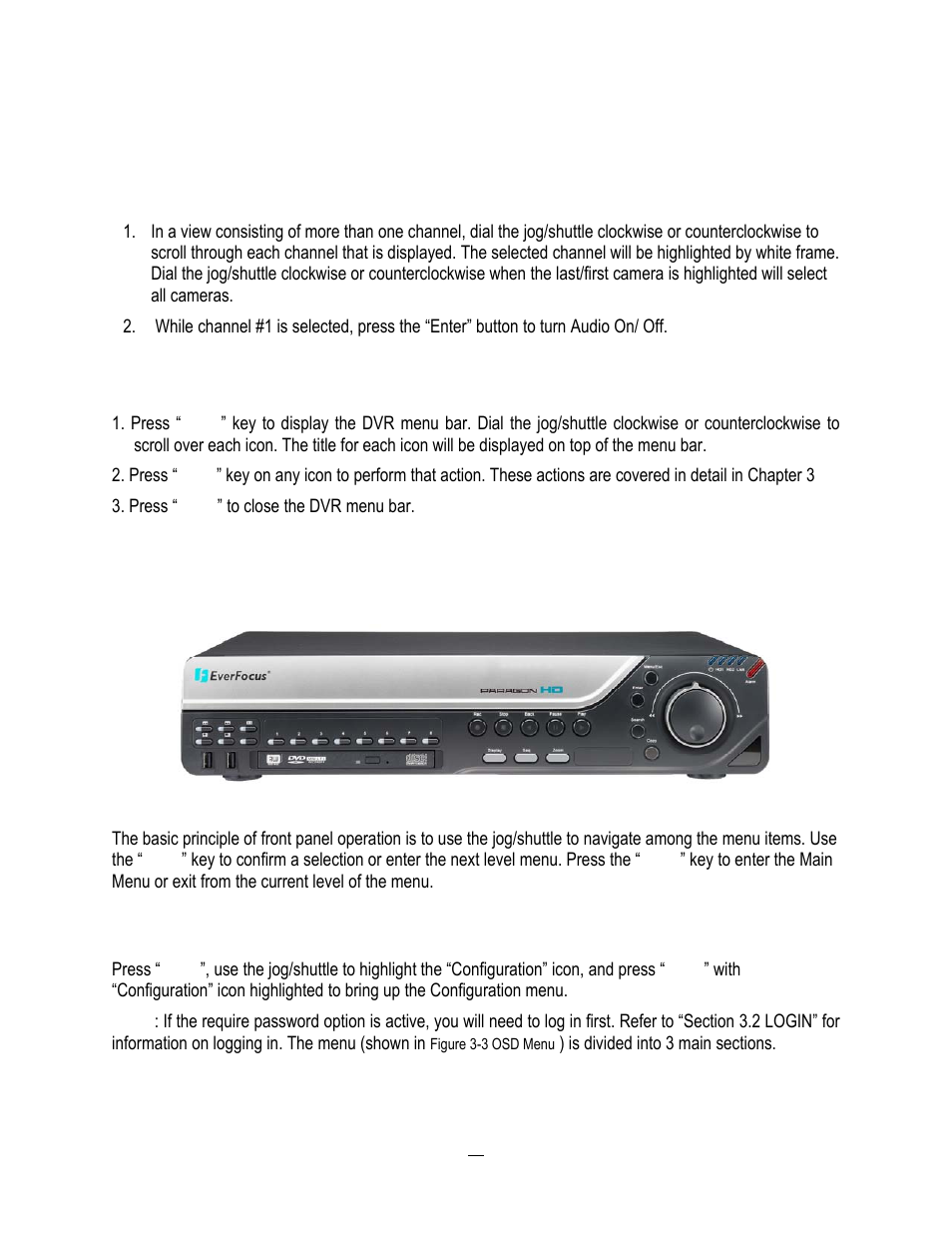 1 how to select a channel / enable audio, 2 osd root menu, 3 front panel key review | 4 operation in configuration menu, Eneral, Ront, Anel, Peration, How to select a channel / enable audio, Osd root menu | EverFocus HD-CCTV EPHD08 User Manual | Page 30 / 142