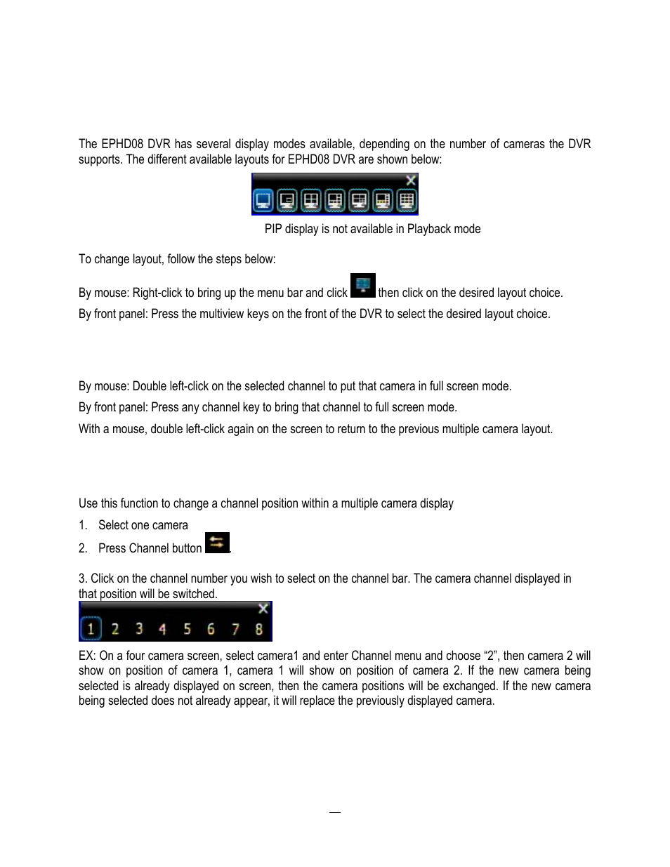 7 layout, 1 bring a camera to full screen mode, 8 channel switching | Bring a camera to full screen mode, 8 channel, Switching | EverFocus HD-CCTV EPHD08 User Manual | Page 39 / 142