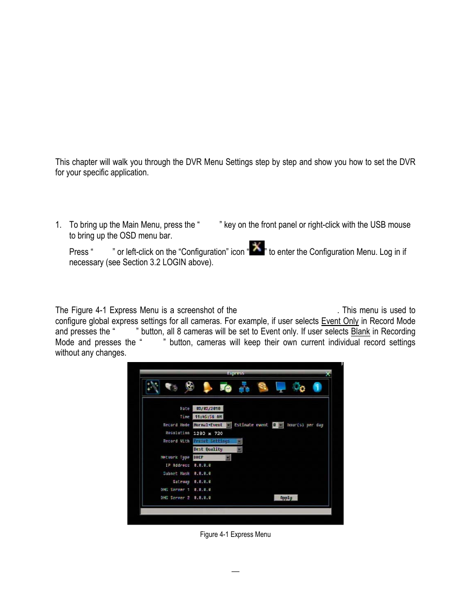 4 dvr configuration, 1 configuration menu, 2 express | Dvr configuration, 1 configuration, Menu, Chapter | EverFocus HD-CCTV EPHD08 User Manual | Page 49 / 142