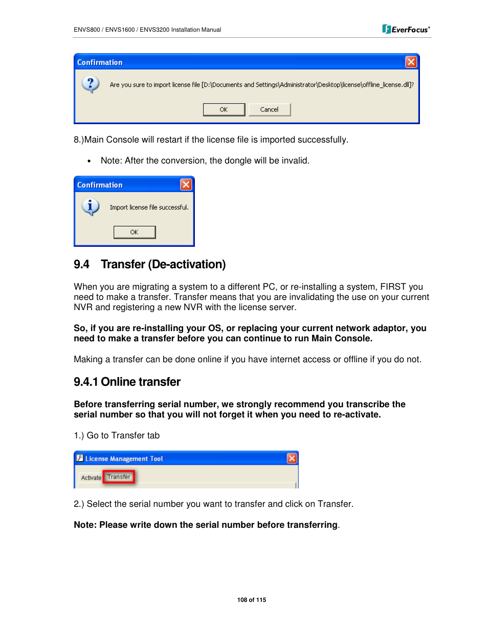 4 transfer (de-activation), 1 online transfer | EverFocus ENVS1600 User Manual | Page 108 / 115