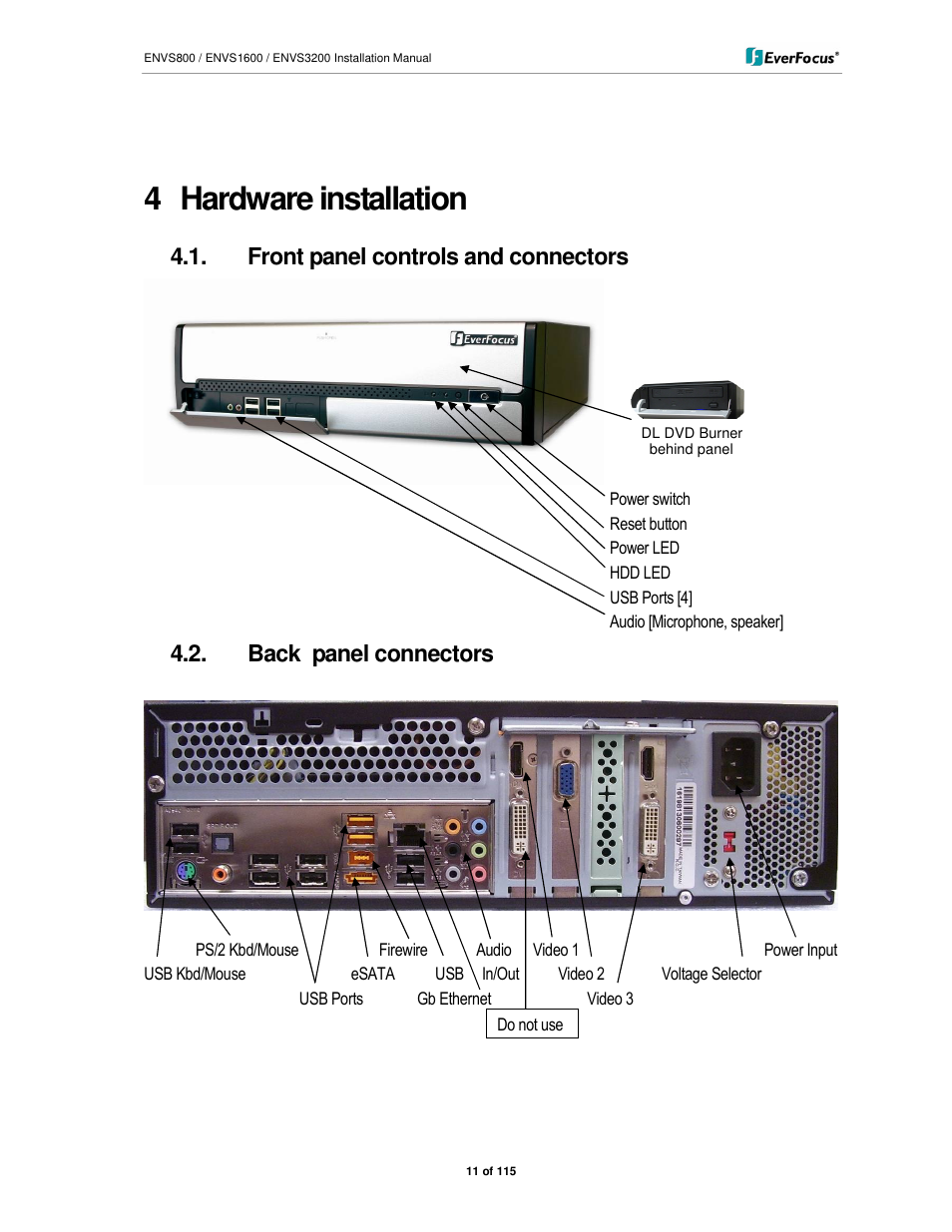 4 hardware installation, Front panel controls and connectors, Back panel connectors | EverFocus ENVS1600 User Manual | Page 11 / 115