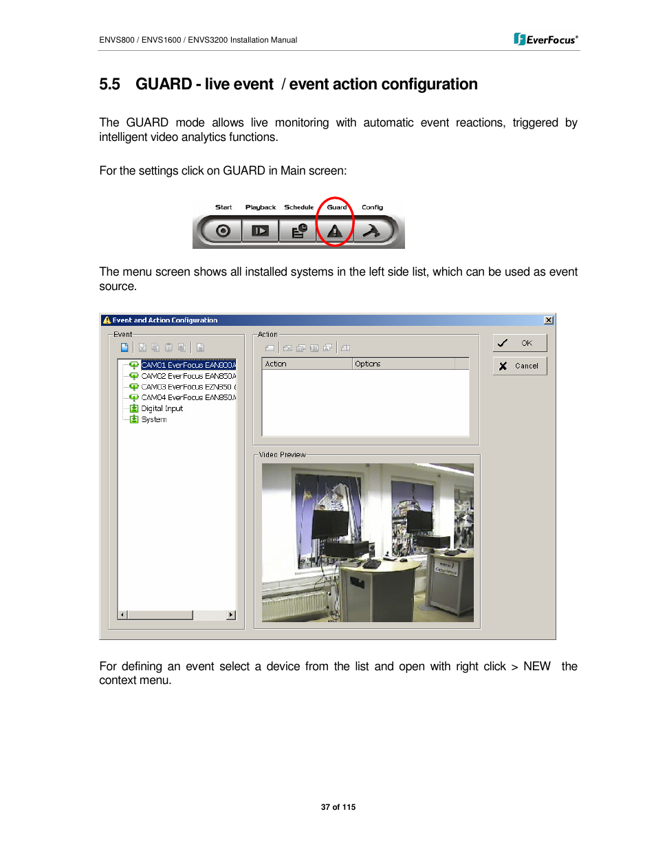 5 guard - live event / event action configuration | EverFocus ENVS1600 User Manual | Page 37 / 115