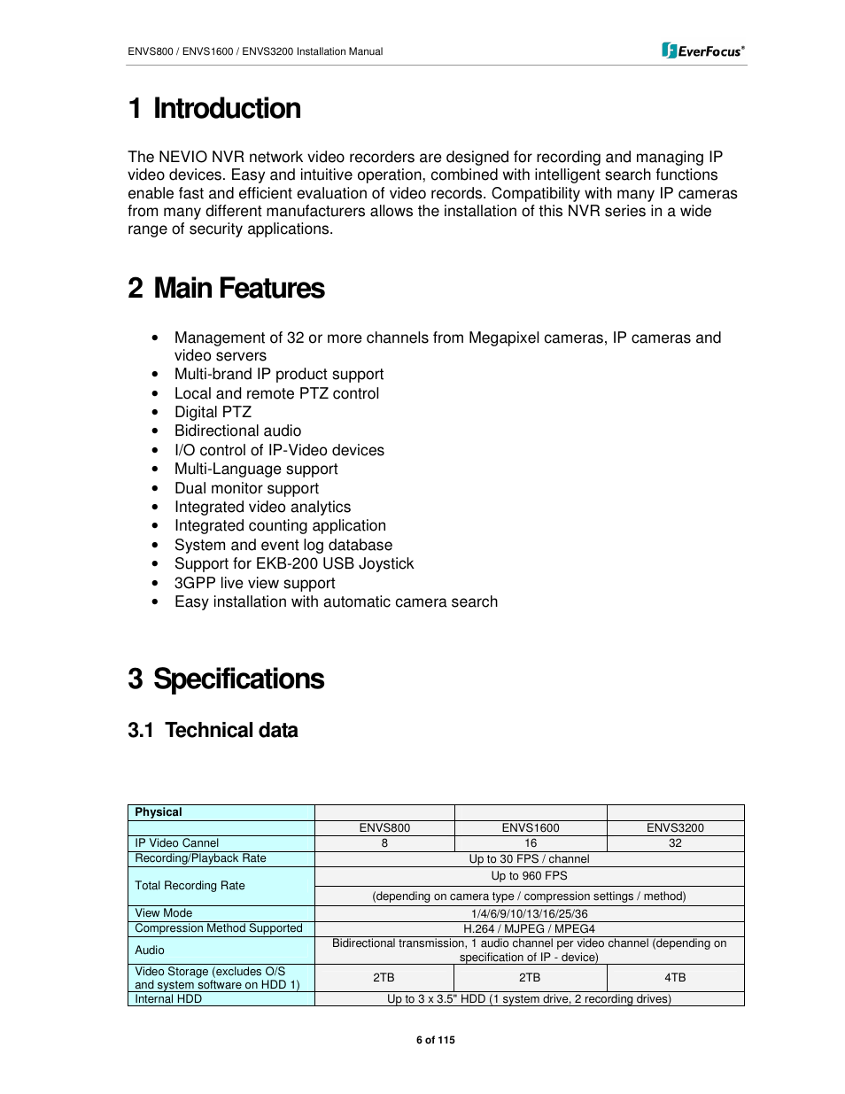 1 introduction, 2 main features, 3 specifications | 1 technical data | EverFocus ENVS1600 User Manual | Page 6 / 115