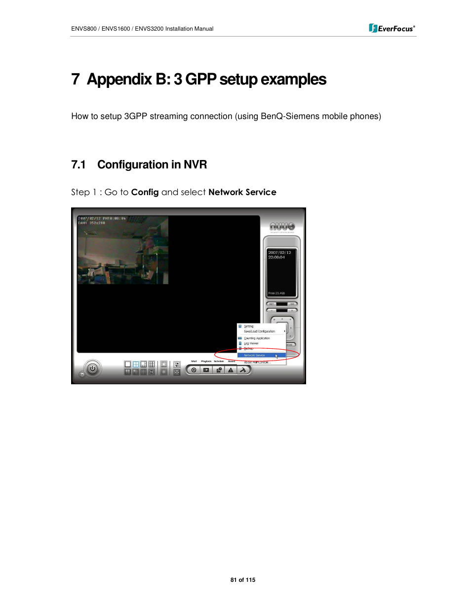 7 appendix b: 3 gpp setup examples, 1 configuration in nvr | EverFocus ENVS1600 User Manual | Page 81 / 115