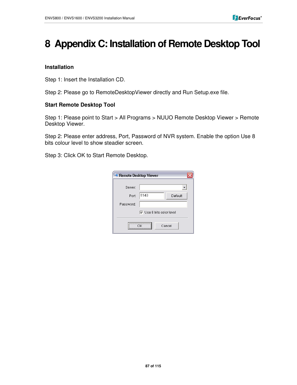 8 appendix c: installation of remote desktop tool | EverFocus ENVS1600 User Manual | Page 87 / 115