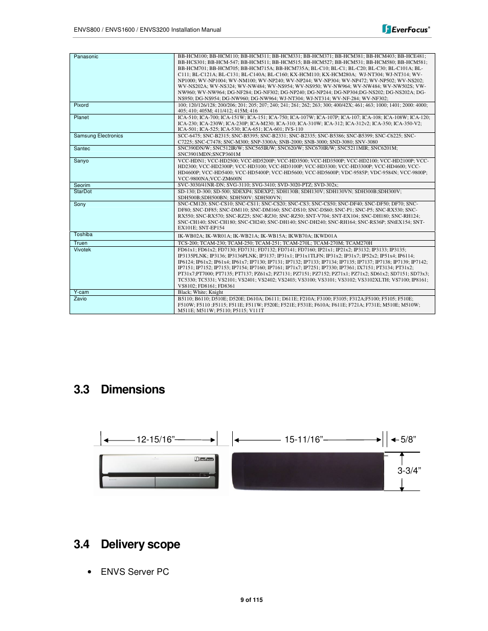 3 dimensions, 4 delivery scope | EverFocus ENVS1600 User Manual | Page 9 / 115