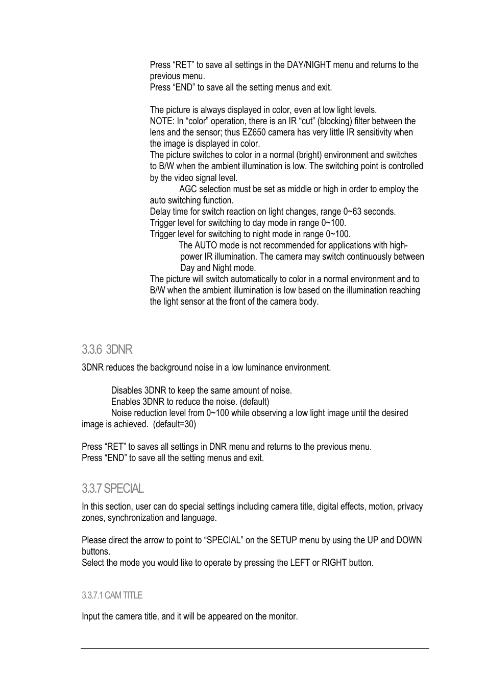 6 3dnr, 7 special, 1 cam title | EverFocus EZ650 User Manual | Page 33 / 40