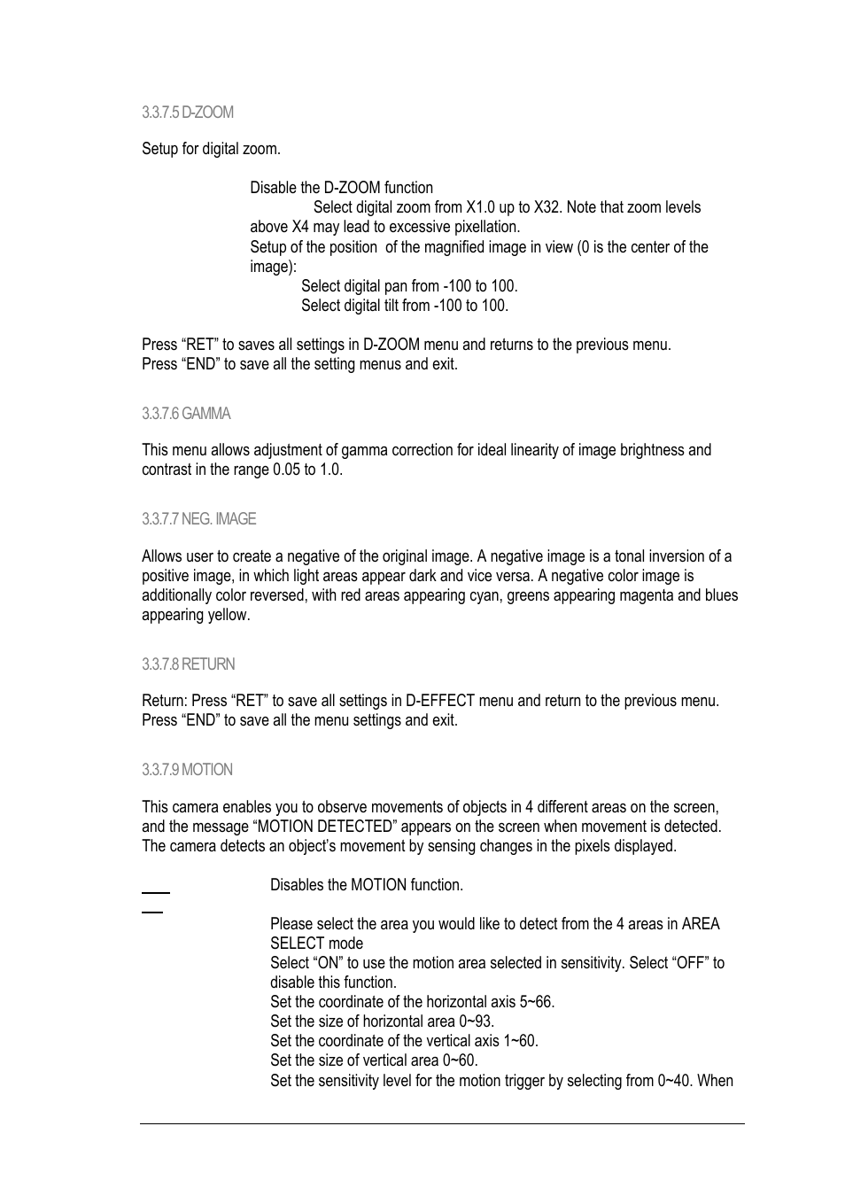 5 d-zoom, 6 gamma, 7 neg. image | 8 return, 9 motion | EverFocus EZ650 User Manual | Page 35 / 40