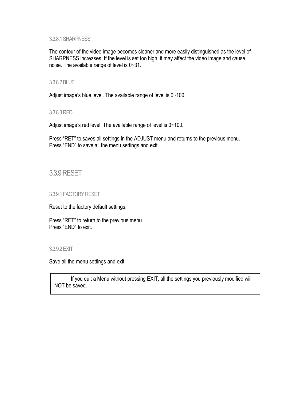 1 sharpness, 2 blue, 3 red | 9 reset, 1 factory reset, 2 exit | EverFocus EZ650 User Manual | Page 37 / 40